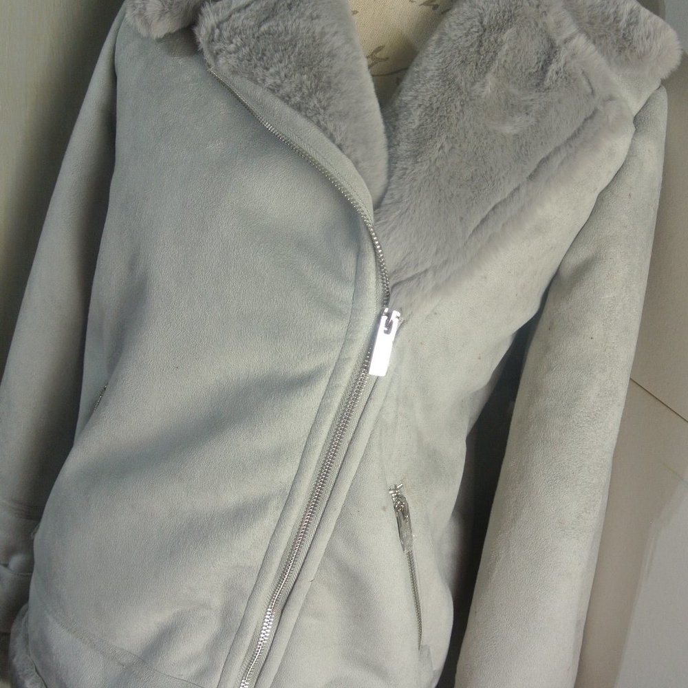 Hollister Biker Jacket Small Faux Suede Fur Grey Plush Super Soft NEW With Defec